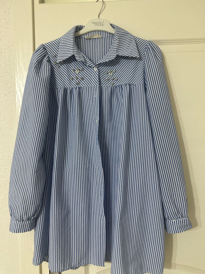 Mavi Çizgili Uzun Kollu Keten Gömlek - Görsel 3