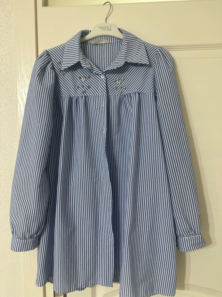 Mavi Çizgili Uzun Kollu Keten Gömlek - Görsel 2