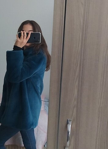 s Beden mavi Renk Koton petrol mavisi peluş kürk