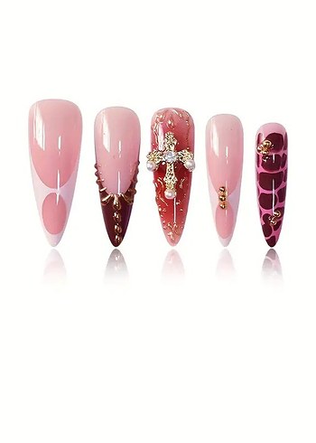 Pembe Bordo Haç Charmli Takma Tırnak 24 lü - Görsel 2