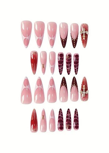 Pembe Bordo Haç Charmli Takma Tırnak 24 lü - Görsel 3