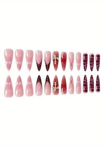 Pembe Bordo Haç Charmli Takma Tırnak 24 lü - Görsel 4