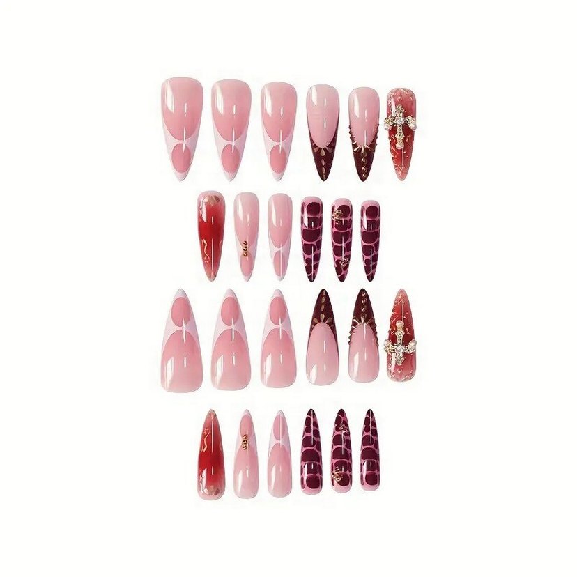 Pembe Bordo Haç Charmli Takma Tırnak 24 lü - Görsel 3