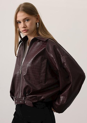 Kadın Kahverengi Deri Yılan Desenli Ceket - Görsel 2