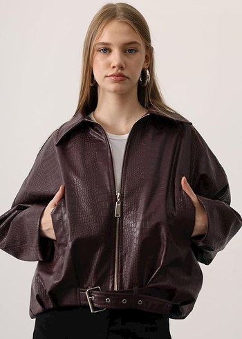 Kadın Kahverengi Deri Yılan Desenli Ceket - Görsel 4