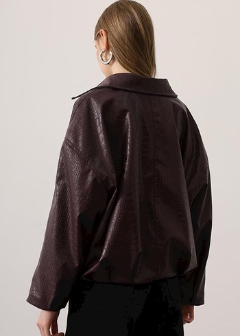 Kadın Kahverengi Deri Yılan Desenli Ceket - Görsel 6