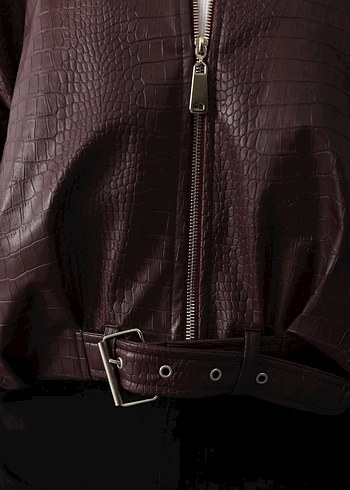 Kadın Kahverengi Deri Yılan Desenli Ceket - Görsel 5