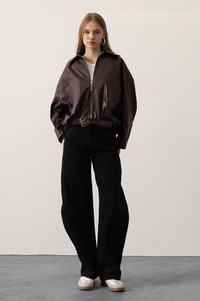 Kadın Kahverengi Deri Yılan Desenli Ceket - Görsel 3