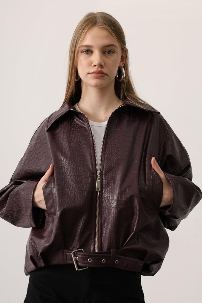 Kadın Kahverengi Deri Yılan Desenli Ceket - Görsel 4