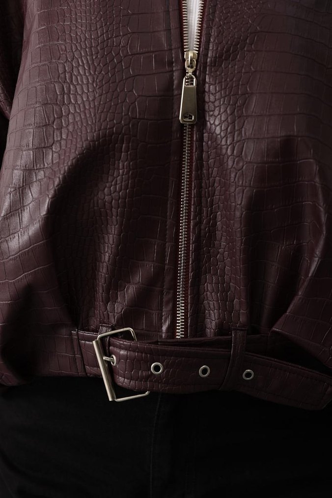 Kadın Kahverengi Deri Yılan Desenli Ceket - Görsel 5