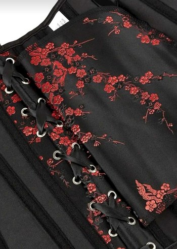 Kırmızı Sakura Çiçeği Desenli Gotik Korse - Görsel 3