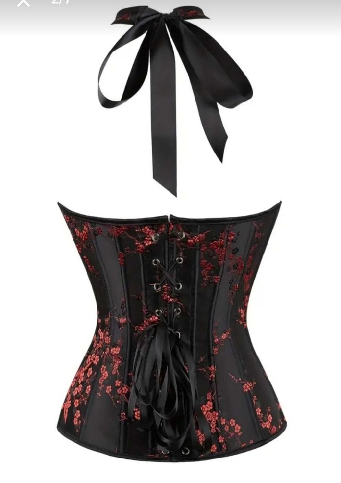 Kırmızı Sakura Çiçeği Desenli Gotik Korse - Görsel 2