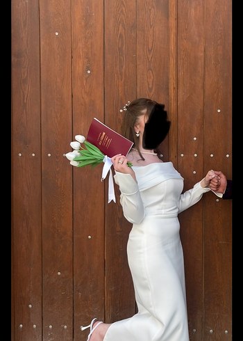 Beyaz Straplez Uzun Kollu Düz nikah elbisesi