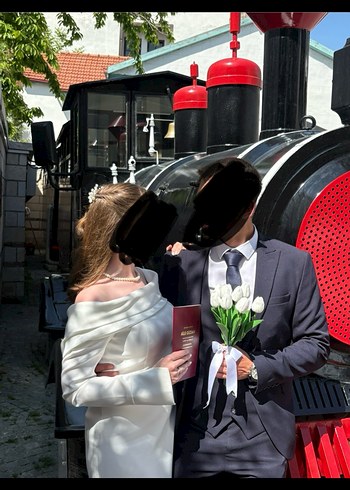 38 Beden Beyaz Straplez Uzun Kollu Düz nikah elbisesi
