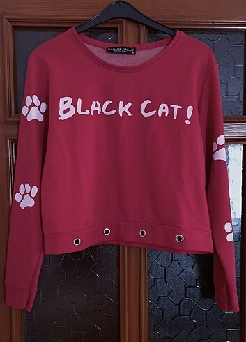 Kırmızı Kedi Cat Uzun Kollu Crop Tişört T-shirt Sweatshirt Patil