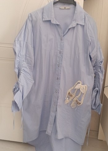 Nakışlı Uzun Kollu Mavi Kadın Keten Gömlek - Görsel 5