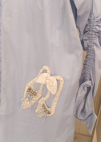 Nakışlı Uzun Kollu Mavi Kadın Keten Gömlek - Görsel 2