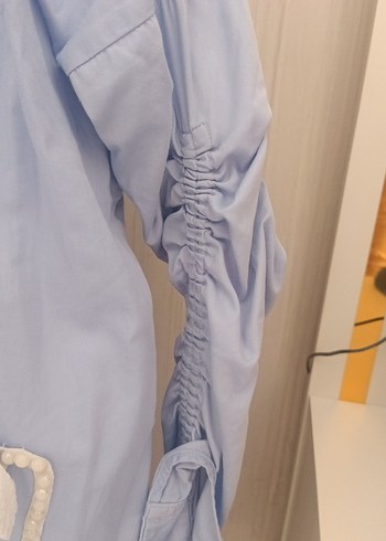 Nakışlı Uzun Kollu Mavi Kadın Keten Gömlek - Görsel 3