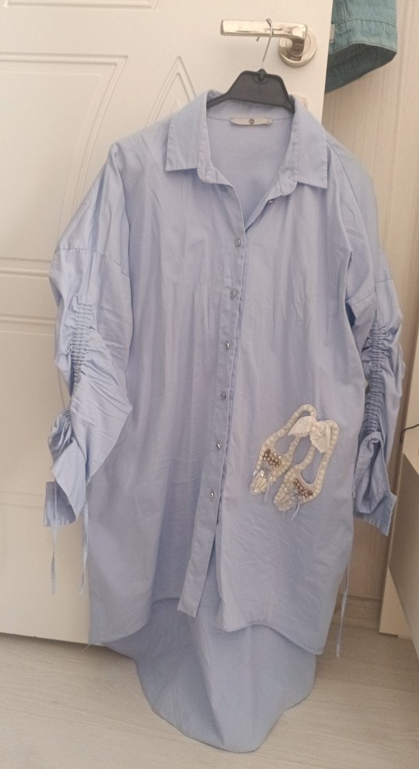 Nakışlı Uzun Kollu Mavi Kadın Keten Gömlek - Görsel 5