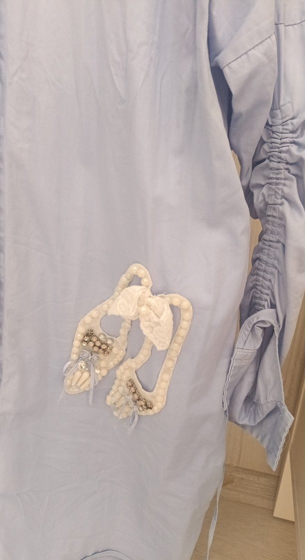 Nakışlı Uzun Kollu Mavi Kadın Keten Gömlek - Görsel 2