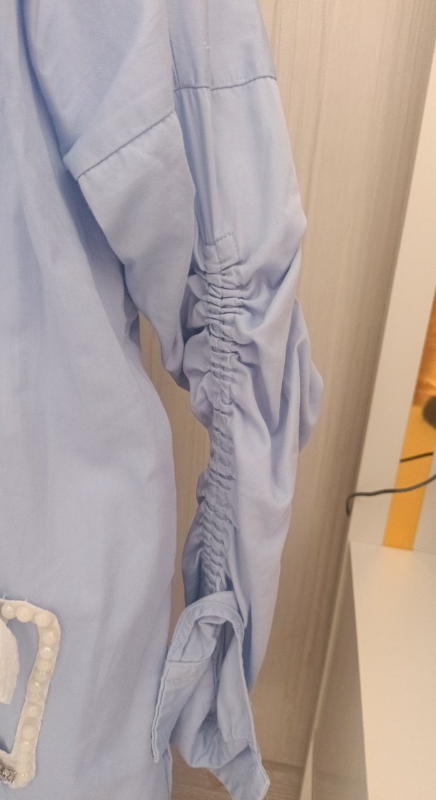 Nakışlı Uzun Kollu Mavi Kadın Keten Gömlek - Görsel 3