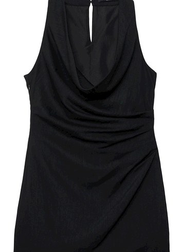 Siyah V Yakalı Drapeli Midi Elbise - Görsel 3