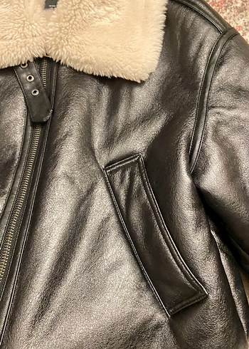 Kürklü mavi marka  Siyah Deri Kadın Biker Ceket - Görsel 3