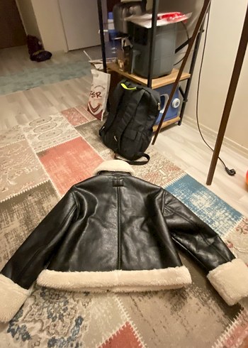 Kürklü mavi marka  Siyah Deri Kadın Biker Ceket - Görsel 7
