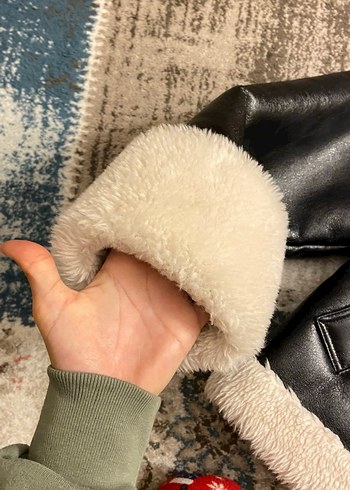 Kürklü mavi marka  Siyah Deri Kadın Biker Ceket - Görsel 8