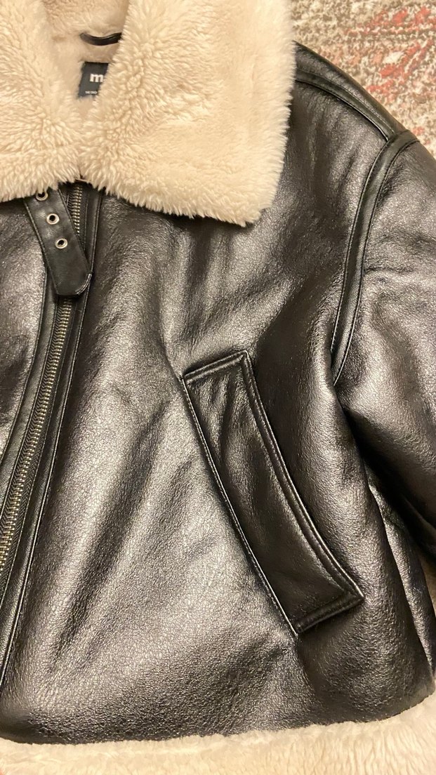 Kürklü mavi marka  Siyah Deri Kadın Biker Ceket - Görsel 3