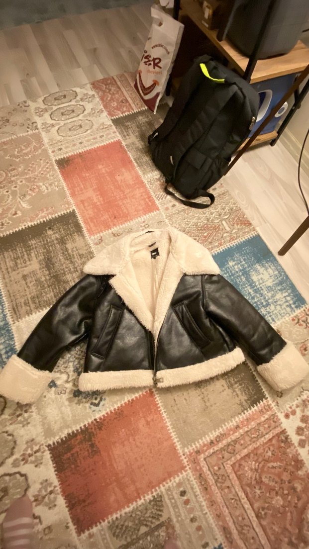 Kürklü mavi marka  Siyah Deri Kadın Biker Ceket - Görsel 2