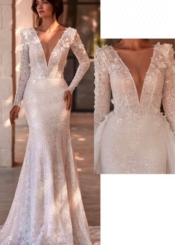 balık model uzun kollu işlemeli dantelli demonte gelinlik - Görsel 4