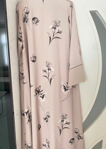 Bej Uzun Kollu taşlı abaya ipek tesettür abaya - Görsel 5