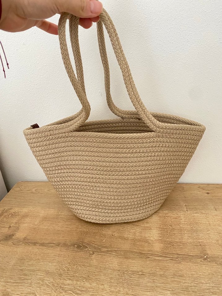 Bej Örgü hasır çanta Plaj Çantası - Görsel 4