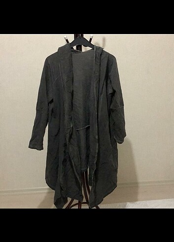 Gri kapşonlu yelek parka kap hırka