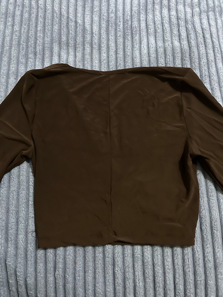 Uzun Kollu V Yakalı Kahverengi Bluz - Görsel 4