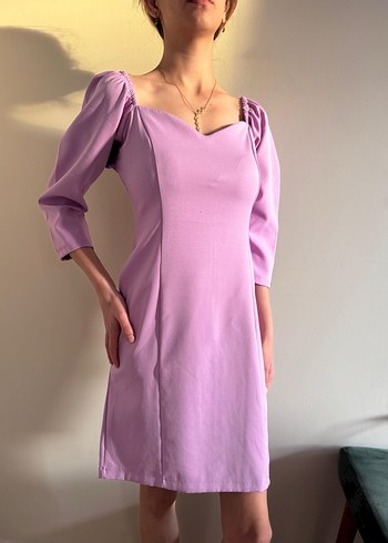 Mor Midi Kalp Yaka Drapeli Kadın Elbise - Görsel 11