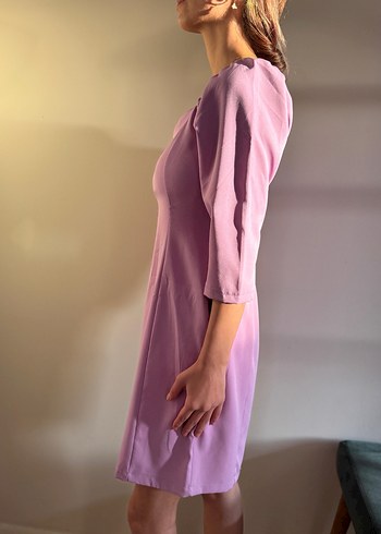 Mor Midi Kalp Yaka Drapeli Kadın Elbise - Görsel 4