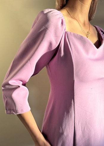 Mor Midi Kalp Yaka Drapeli Kadın Elbise - Görsel 5