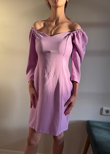 Mor Midi Kalp Yaka Drapeli Kadın Elbise - Görsel 2