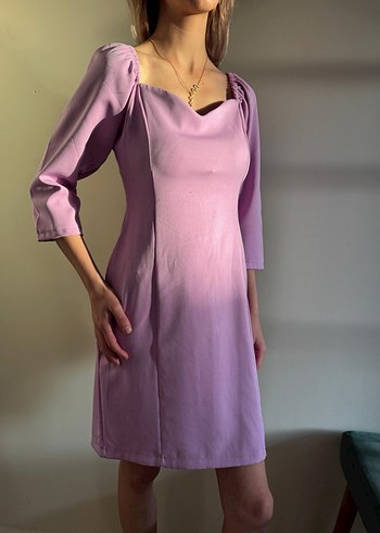 Mor Midi Kalp Yaka Drapeli Kadın Elbise - Görsel 8