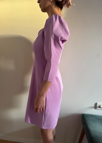 Mor Midi Kalp Yaka Drapeli Kadın Elbise - Görsel 13