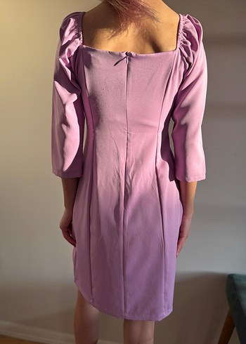 Mor Midi Kalp Yaka Drapeli Kadın Elbise - Görsel 6