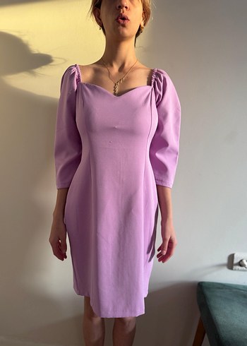 Mor Midi Kalp Yaka Drapeli Kadın Elbise - Görsel 10