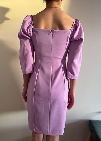 Mor Midi Kalp Yaka Drapeli Kadın Elbise - Görsel 12