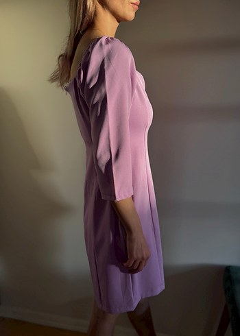 Mor Midi Kalp Yaka Drapeli Kadın Elbise - Görsel 7