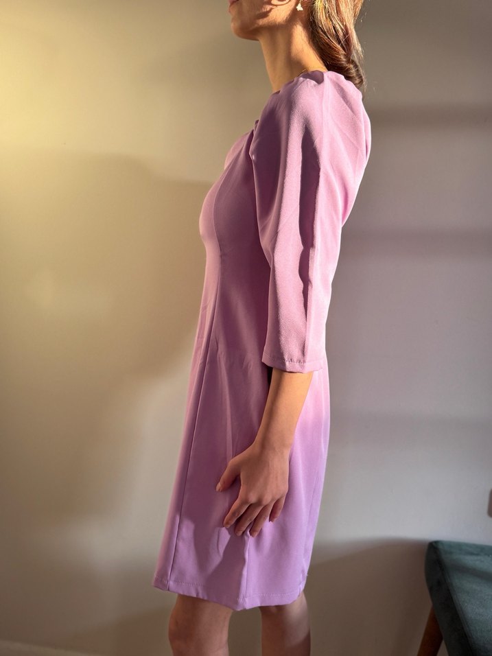 Mor Midi Kalp Yaka Drapeli Kadın Elbise - Görsel 4