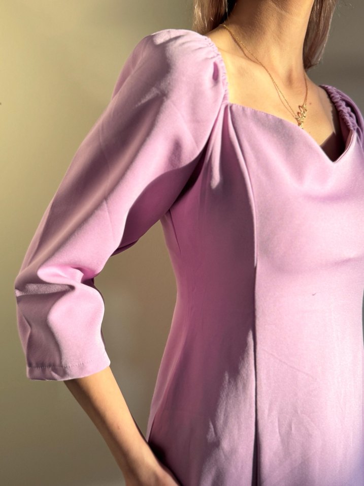 Mor Midi Kalp Yaka Drapeli Kadın Elbise - Görsel 5