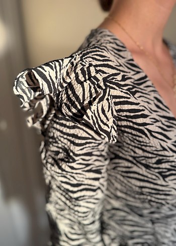 Zebra Desenli V Yakalı Umuz Detaylı Elbise - Görsel 12