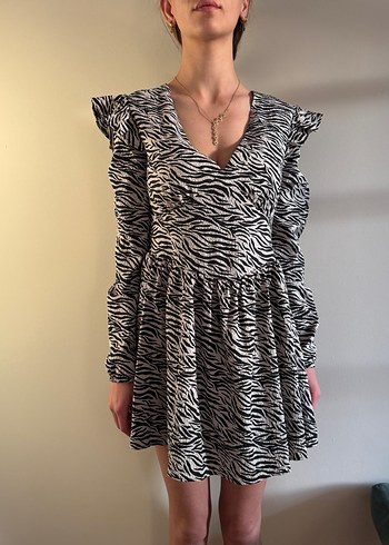 Zebra Desenli V Yakalı Umuz Detaylı Elbise - Görsel 13